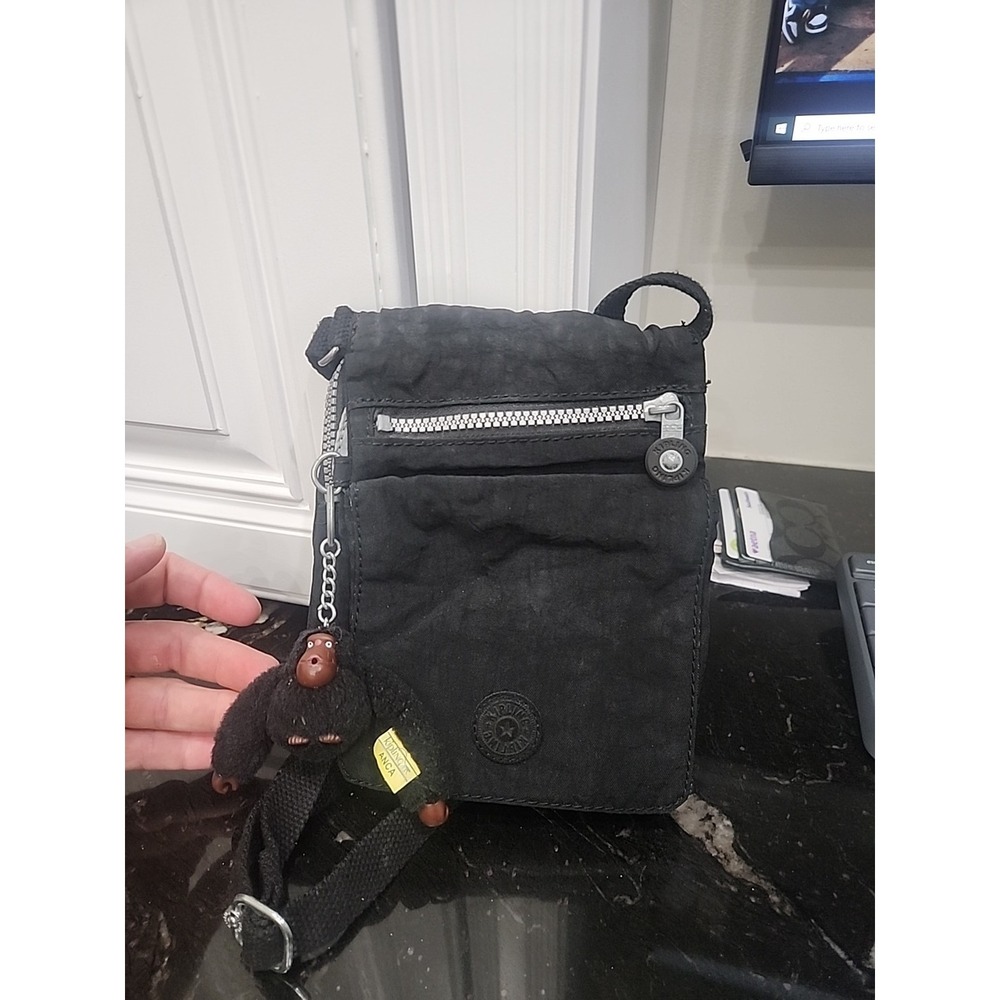 Kipling Crossbody Shoulder Bag Black Nylon with Plush Monkey Keychain "ANCA"